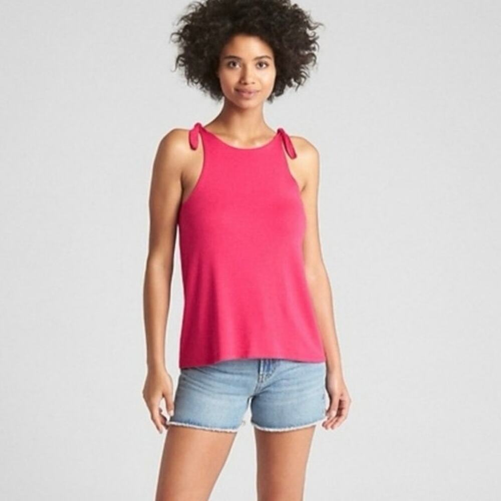 GAP Bright Pink Tie Shoulder Tank Top Size XS Soft Stretch Knit Sleeveless